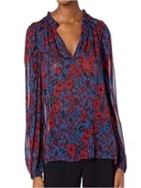 Women’s Floral V-Neck Long Sleeve Blouse - Red & Blue